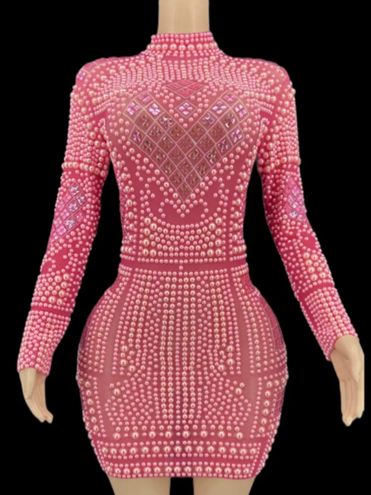 Vestido sexy com bainha para mulheres, pérolas rosas brilhantes, mangas compridas, roupas de festa noturna, traje de baile, show veste