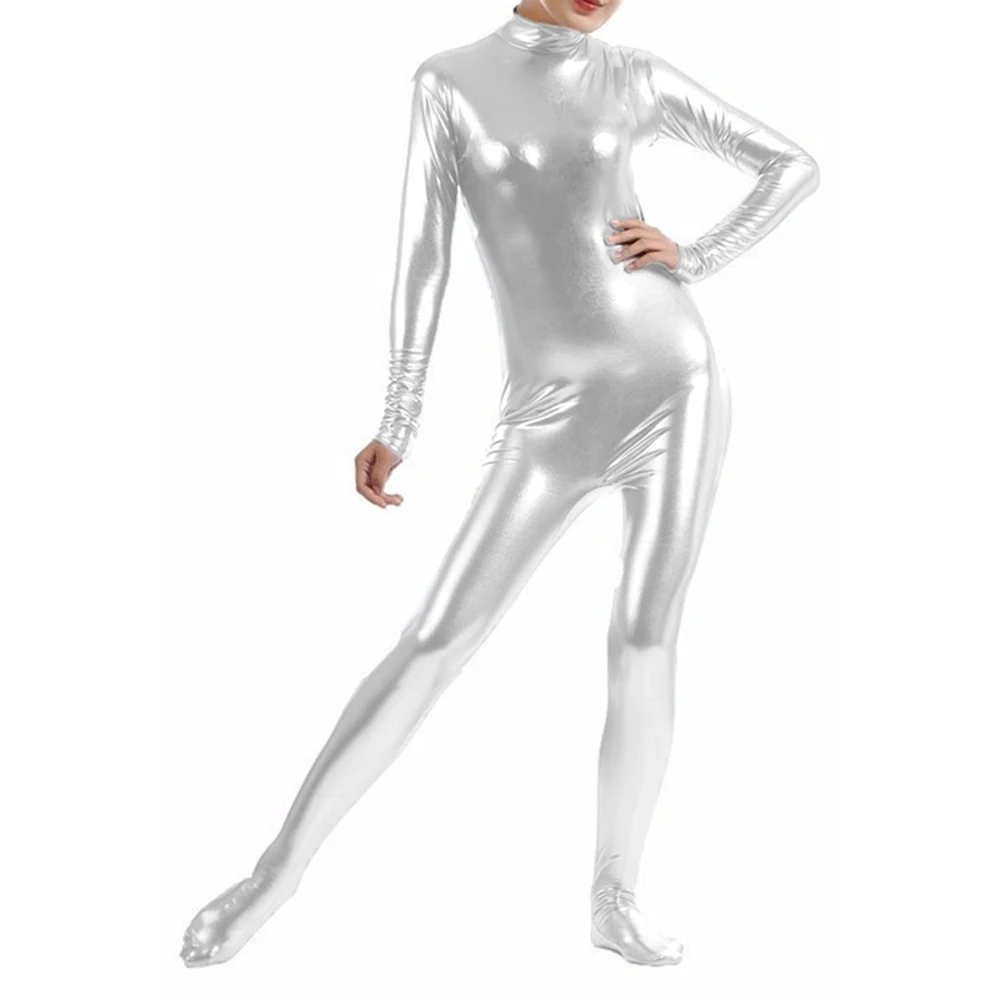 Mono metálico brillante sin cabeza para mujer, Zentai de manga larga con cremallera trasera, Catsuits de Halloween con zona para el pie, monos completos, Cosplay para adultos