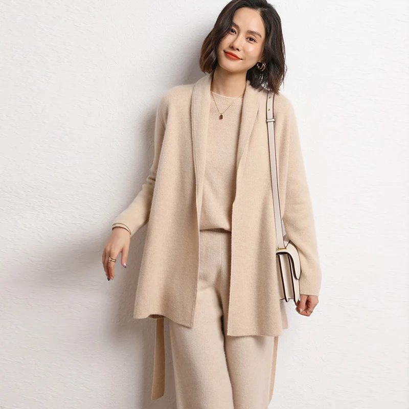 High-end 100% Cashmere Sweater Women Turn-down Collar Cardigan  Mid-Long Coat  Autumn Winter Thick Warm Loose Knitwear Clothing