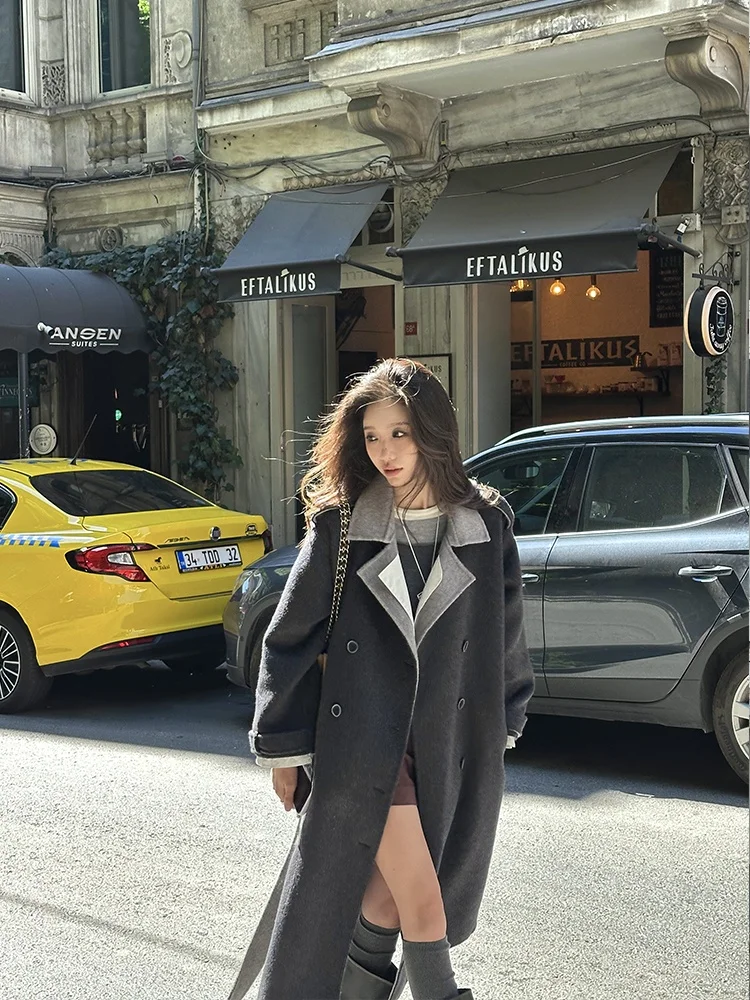 

ZQ Double-Faced Woolen Coat for Women ey Iris Floing Autumn Winter High-End Feeling Long Sve Long Coat Commute Sle