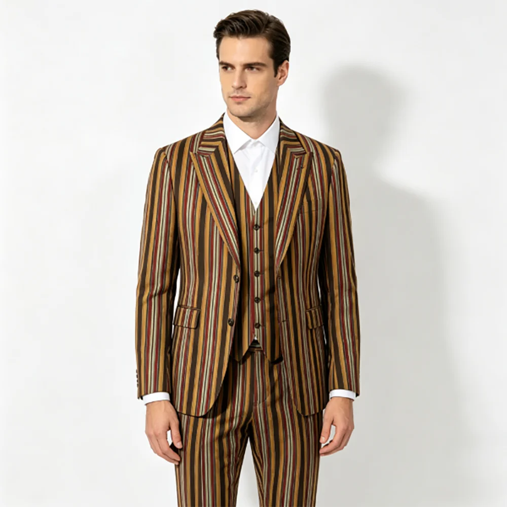 Men Vintage Multi-color Striped 3 Pieces Suit Peak Lapel Jacket Waistcoat Trousers Set Wedding Groom Formal Party Custom Outfit