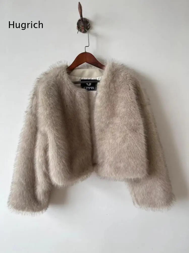 Women Autumn Winter Cropped Faux Fur Jacket V Neck Style Long Sleeve Open Front Soft Thick Plush Outer Layer
