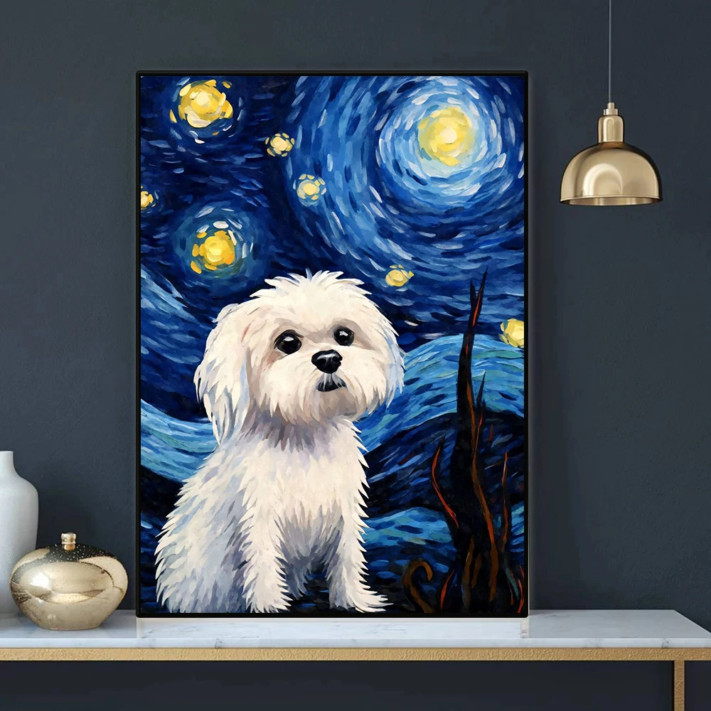 Starry Night Cute Animals Poster Cat Dog Axolotl Platypus Canvas Painting Abstract Wall Art Exhibition Living Room Home Decor