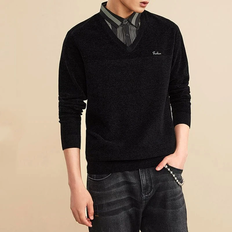 

New Simple Fashionable Double Collar Soft Warm Fake Two-piece Knitted Sweater Top