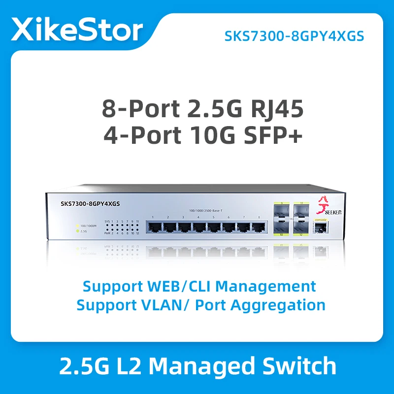 XikeStor 2.5g Switch 8-Port 2.5G RJ45 Managed Network Switch 4-Port 10G SFP+ Slots Ethernet Switch Internet Hub