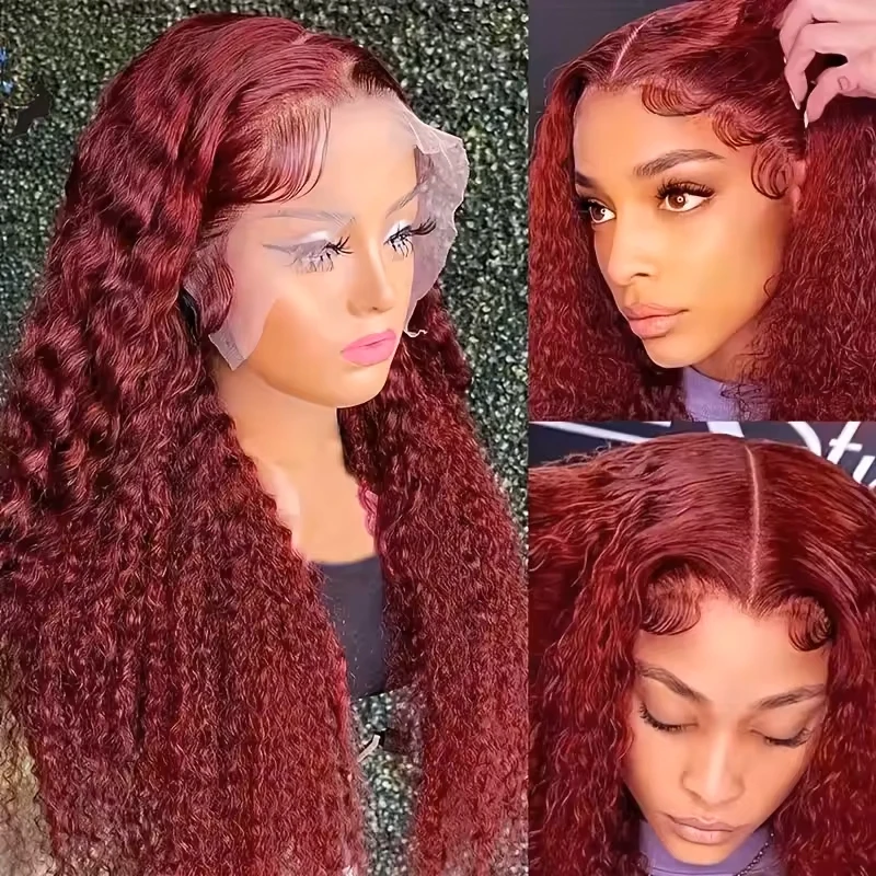 220% Density Burgundy Curly 13x6 Hd Lace Frontal Wig Brazilian Human Hair Water Deep Wave 99J Red Colored Wig For Women 36 Inch image 2