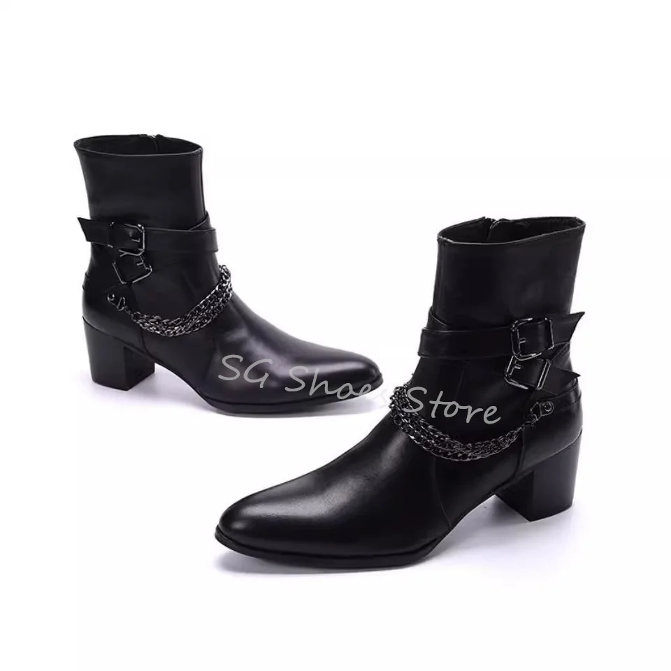 Pointed Toe Square Heel Motorcycle Boots Punk Chain Decor Men's Zipper Ankle Boots Male Party Dress Chelsea Boots Szie 37-48