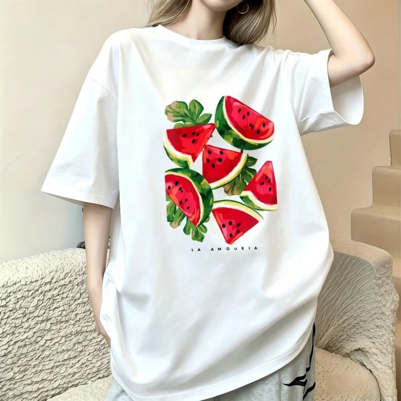 Cute Watermelon Pattern Women T-shirt Aesthetic Cottagecore Graphic Top O-neck Short Sleeve Shirt Female Clothing Streetwear