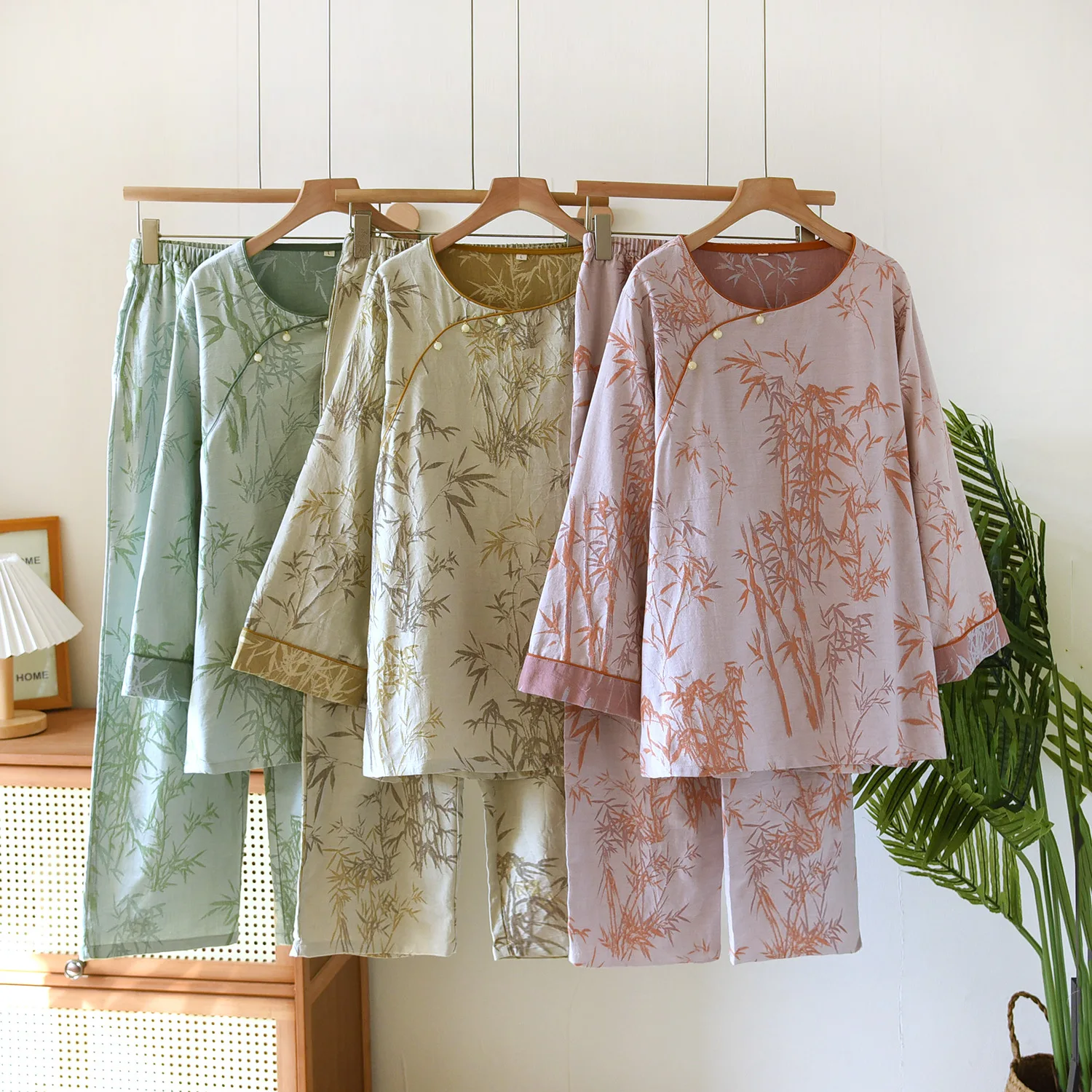 Women Jacquard Cotton O-Neck Pajamas Set for Spring Autumn Long Sleeve Pullover Trousers Pajamas for Women Homewear Suit