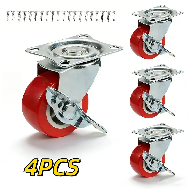 4pcs 1-2 Inch Universal Swivel with Brake Casters Heavy Duty Plate Industrial Caster Rotating Wheels Trolley Furniture Castor