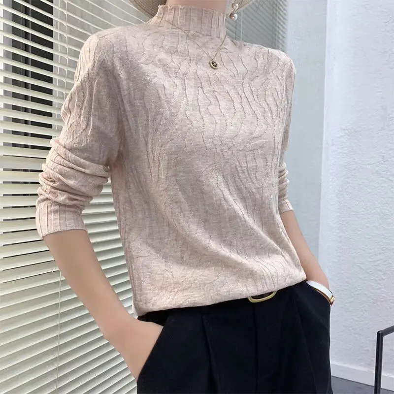 Women Autumn and Winter Korean Fashion Half High Collar Basic Knitwear Long Sleeve Slim Knitted Sweater Solid Pullover Tops Ropa