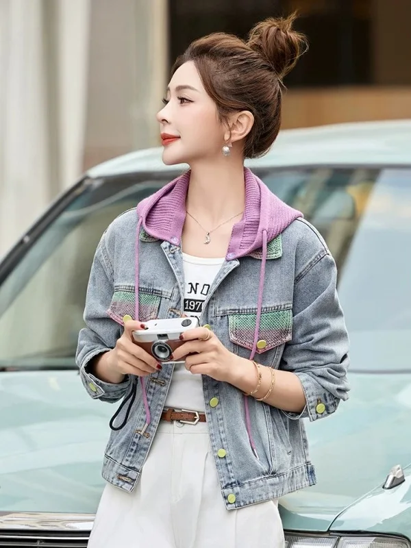 

Цветная вязаная толстовка с капюшоном, джинсовая куртка, женская ранняя весна, новая корейская универсальная утягивающая куртка для поездок на работу Sle