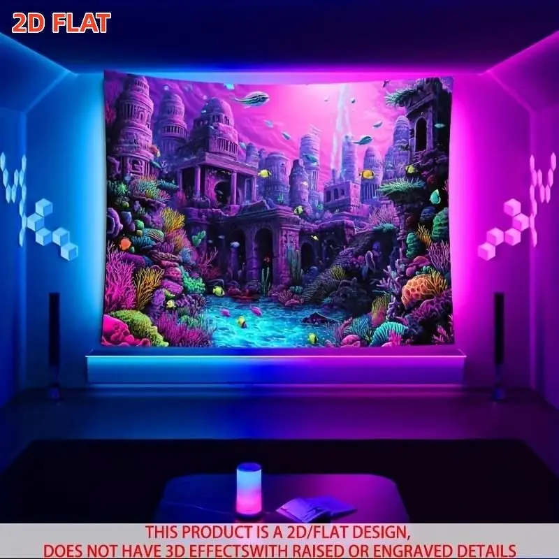 VIKAMA Neon Underwater Atlantis City Christmas Tapestry Purple Blue Glow Ancient Temple Coral Fish Reef Diving UV Blacklight