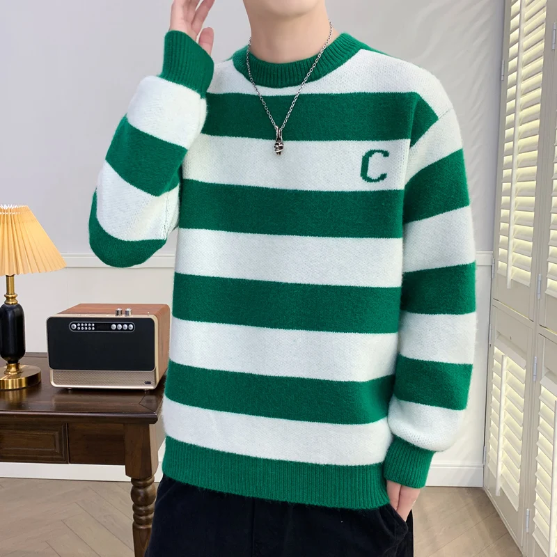 

Мужской вязаный свитер Thiened f с высоким воротником для учащихся младших классов средней школы, осень-зима, в полоску, модный Ciwalk Ba...