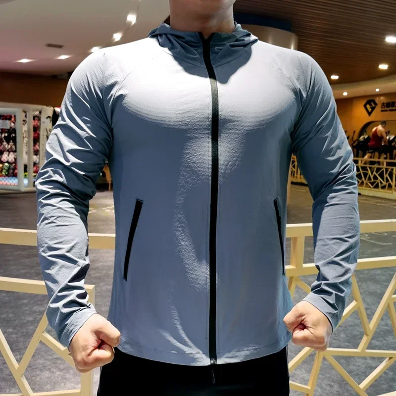 

Men's Spring Thin Section Training Clothes Quick-drying Breathable Stretch Fitness Long-sleeved Running Hooded Zip Sports Jacket