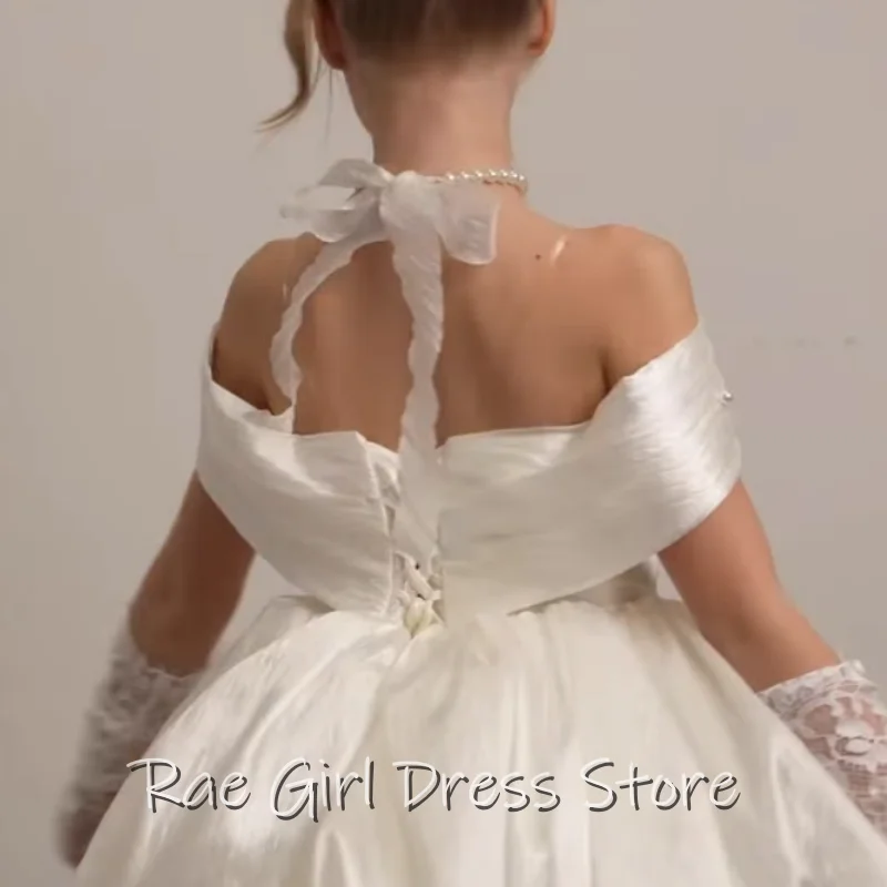 Elegant Ivory Satin Flower Girl Dress Off Shoulder Pearl Lace Formal Gowns For Wedding Pageant Birthday Customized