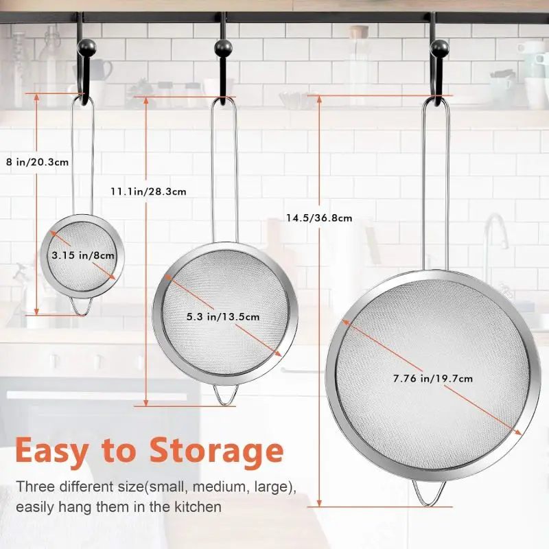 3Pcs Super Wire Extra Fine Mesh Strainer with Handle, Small Medium Large Size Sifter Metal Strainer Set, Stainless Steel