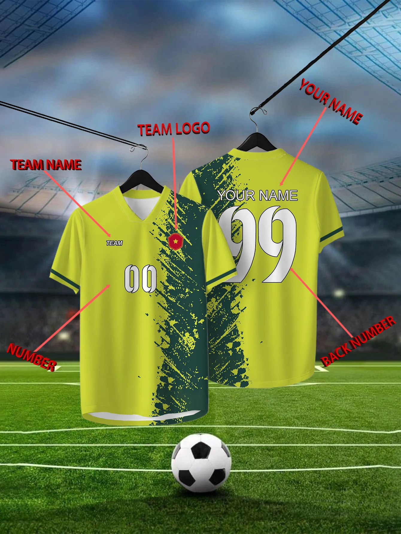 

Customized Geometric Green Short Sleeved Shirt with Team Name, Emblem, Name and Number, Outdoor Sports Short Sleeved T-shirt