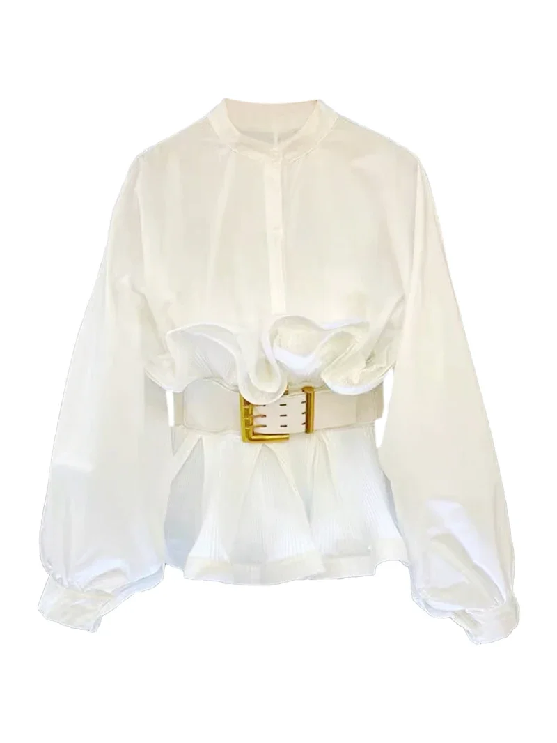 Women's High-end French Stand Collar Chiffon Short Shirts Spring and Autumn Niche Pleated Waist Slimming Temperament Blouse Tops