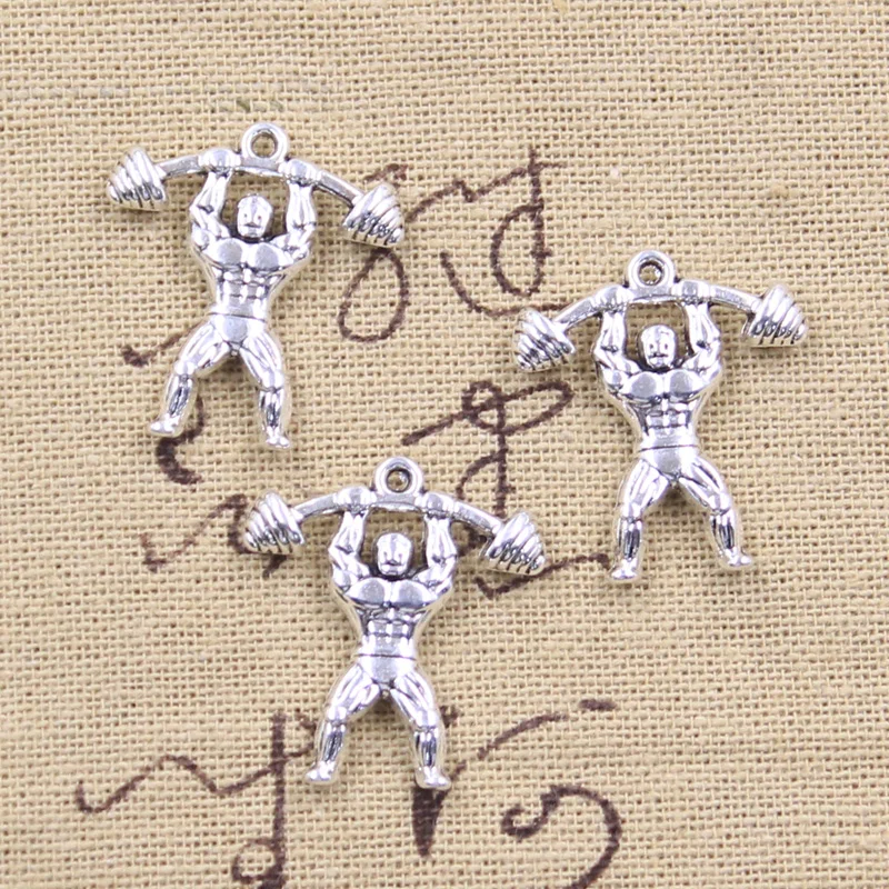 6pcs Charms Fitness Muscular Man Lifting Barbell 25x22mm Antique Silver Color Pendants DIY Findings Handmade Tibetan Making