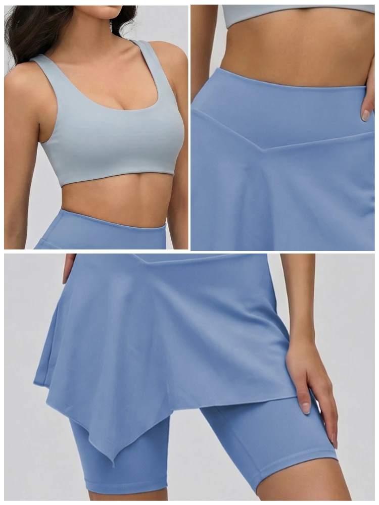 VITALINOVO Damen 2-teiliges Tennisrock-Set Hochgeschnittenes Rüschen-Golf-Outfit Skort Quadratischer Ausschnitt Sport-BH Athletisches Kleid Pickleball – Detail 8