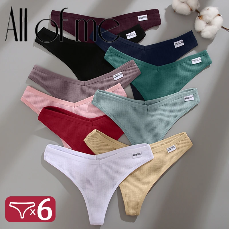 6PCS/Set Sexy Women\'s Panties G-String Thong Underwear V-Waist Female Pantys Solid Color T-Back Intimates Waffle Cotton Lingerie