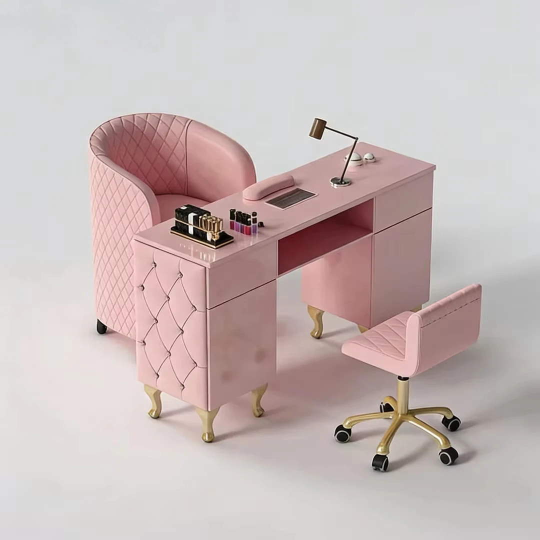 Modern Purple Manicure Table and Chair Set Beauty Salon Furniture Single Luxury Tufted pink Leather Wooden Nail Table for Sale