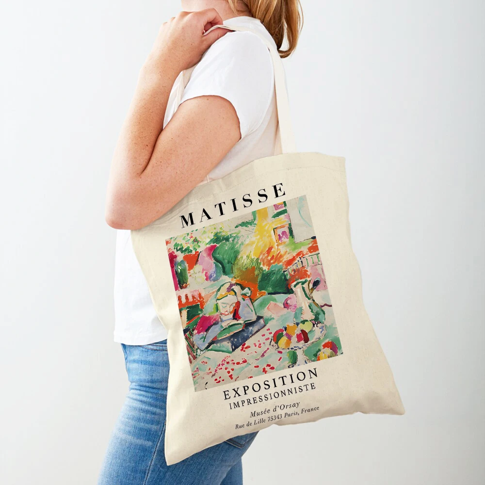 Vintage Girl Lady Tote Shoulder Handbag Canvas Shopping Bag Women Retro Matisse Abstract Landscape ​Supermarket Shopper Bags