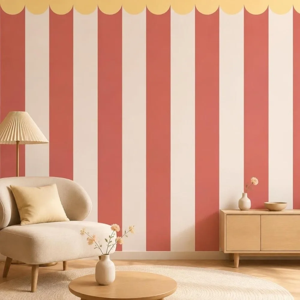 Self-Adhesive Half Wall Wallpaper Scalloped Border Waterproof Wall Decals Striped Pattern Wall Stickers Indoor Home Decor