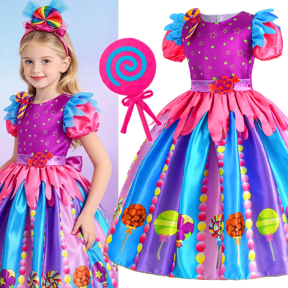 Sweet Lollipop Candy Girl Rainbow Tutu Dress Purim Festival Children Birthday Carnival Party Costume Kids Fancy Wedding Clothes