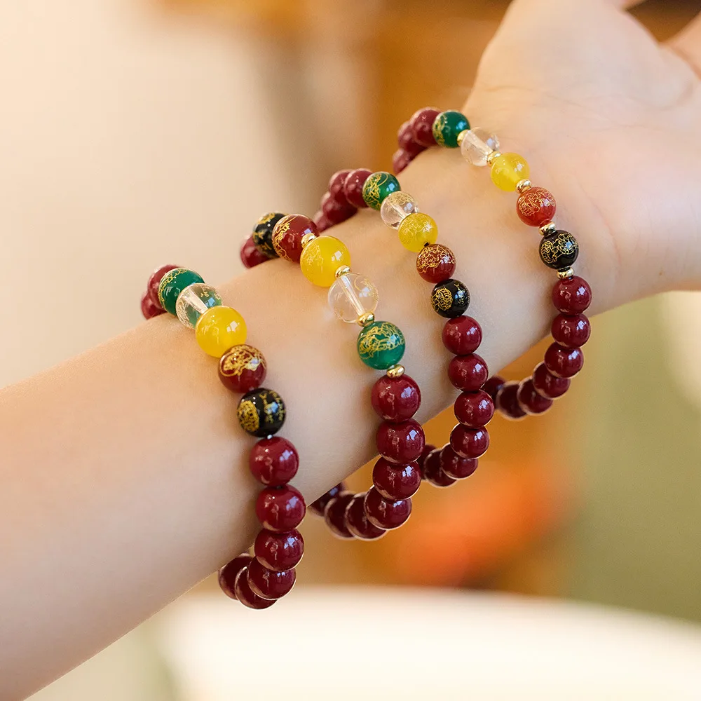 Natural Raw Cinnabar Bracelet with Five Way Wealth Gods Purple Gold Sand for 2026 Good Luck and Protection Gifts
