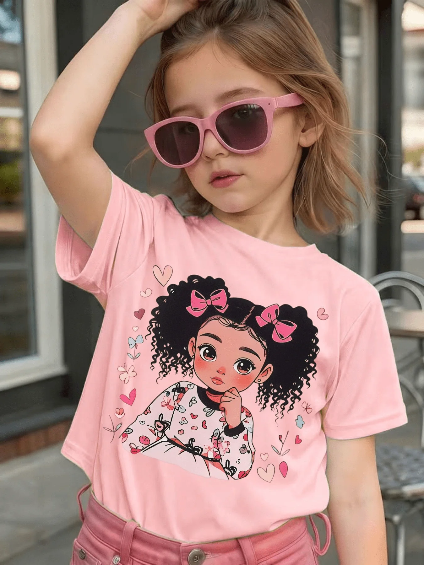 Parent Child Tee Curly Hair Bow Girl Heart Floral Print Boys Girls Soft Short Sleeve Sweet Daily Casual Family Matching Tops