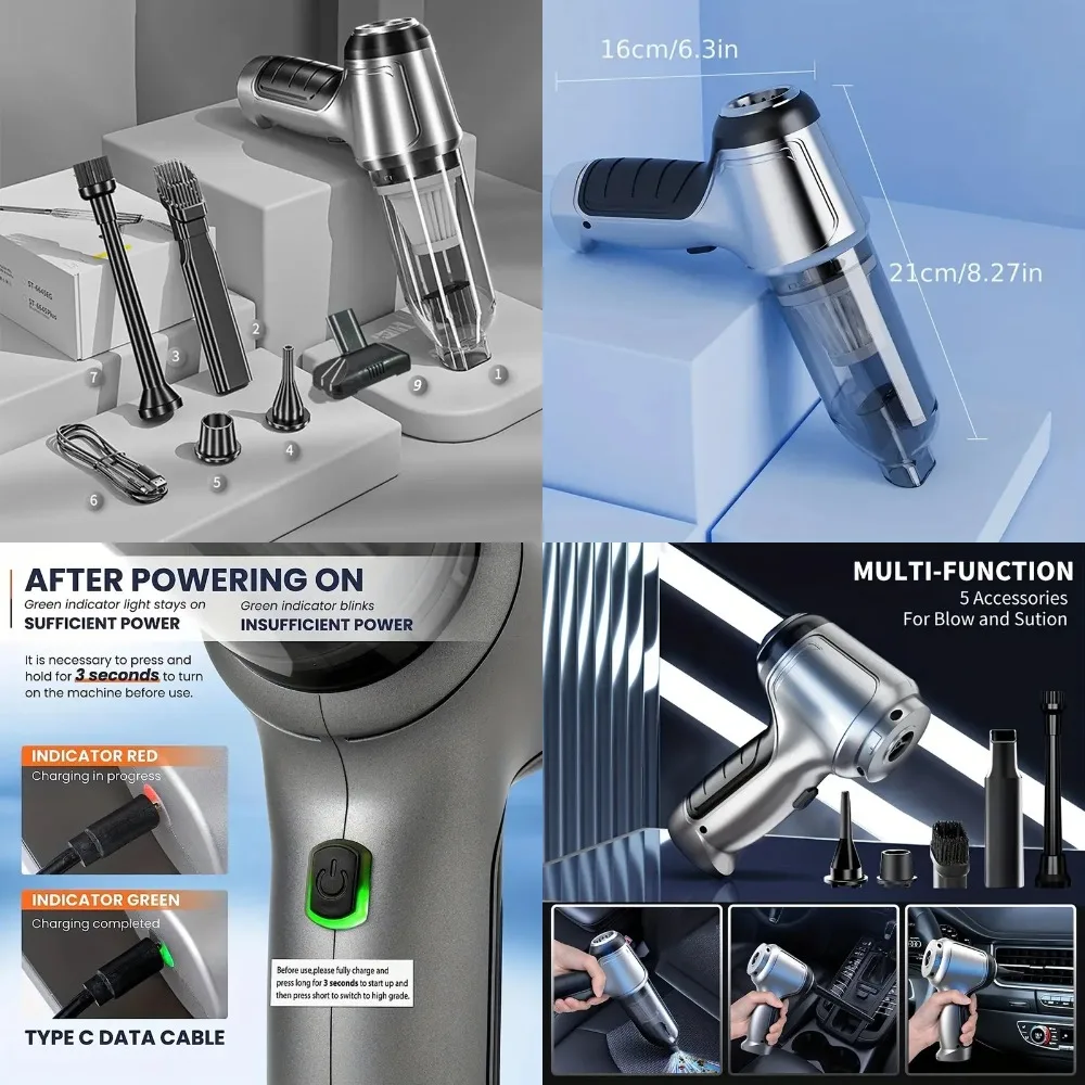 مكنسة كهربائية محمولة لاسلكية 9000 باسكال، 2 في 1 محمولة للمنزل والسيارة وشعر الحيوانات الأليفة، شفط قوي، خفيفة الوزن، تصميم مدمج، E