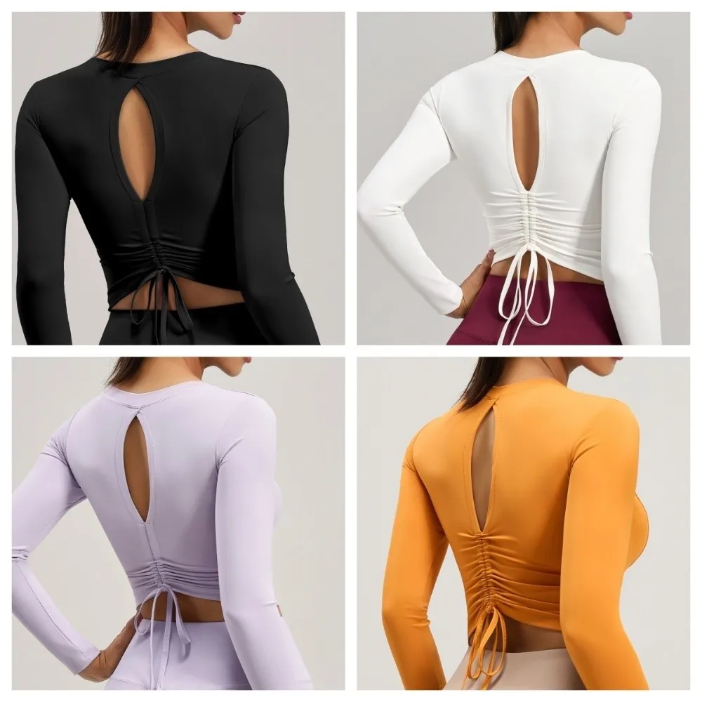 Abbigliamento sportivo con coulisse sul retro con vestibilità arricciata Manica lunga Elastico Fitness Yoga Top Abbigliamento da allenamento traspirante Pilates Yoga Camicie Danza