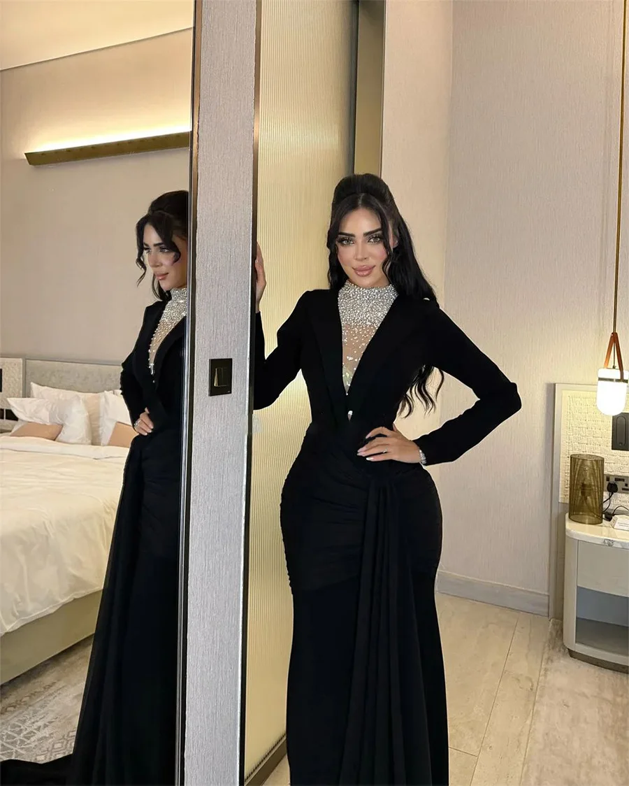 Customized Elegant Black Long Sleeve Floor Length Dress Women Beaded High Neck Blazer Style Formal Evening Party Prom Gown Trail