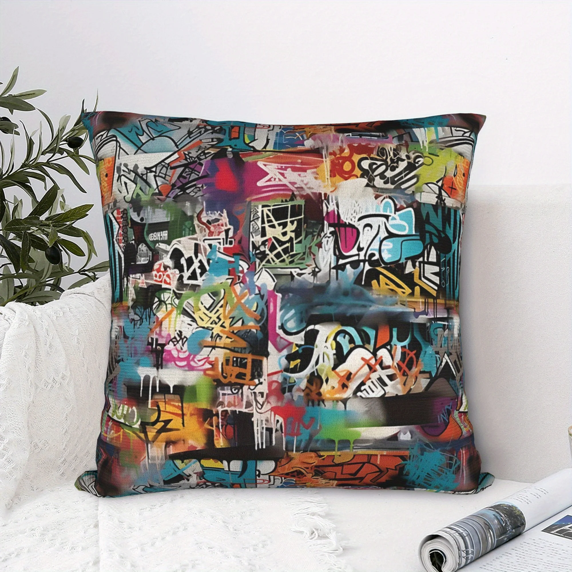 1pc 2D Flat (Pillow Not Included) Graffiti Street Art Colorful Spray Paint Cushion Cover Short Plush Urban Culture Decor Throw