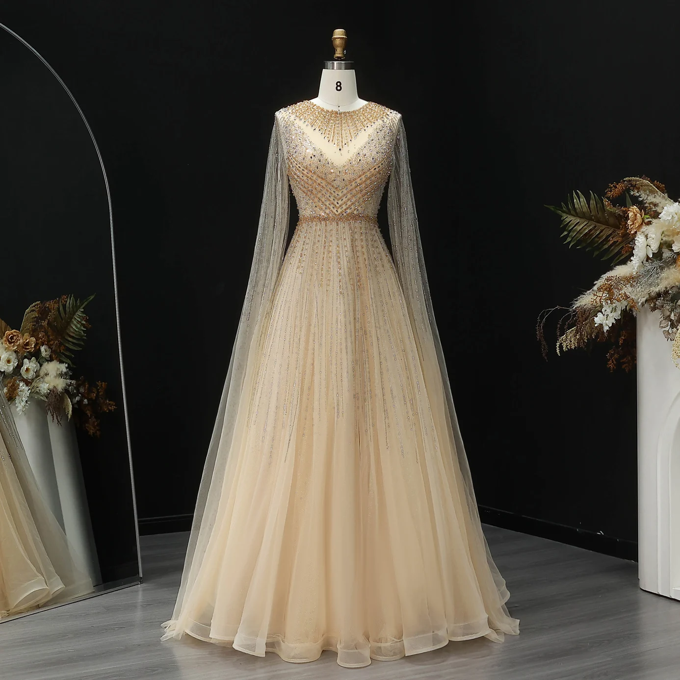 Sharon Said Luxuriöse Dubai Perlen-Kristall-Tüll-Abendkleider Elegante Cape-Ärmel Formelle Ballkleider SS054 Maßanfertigung – Detail 18