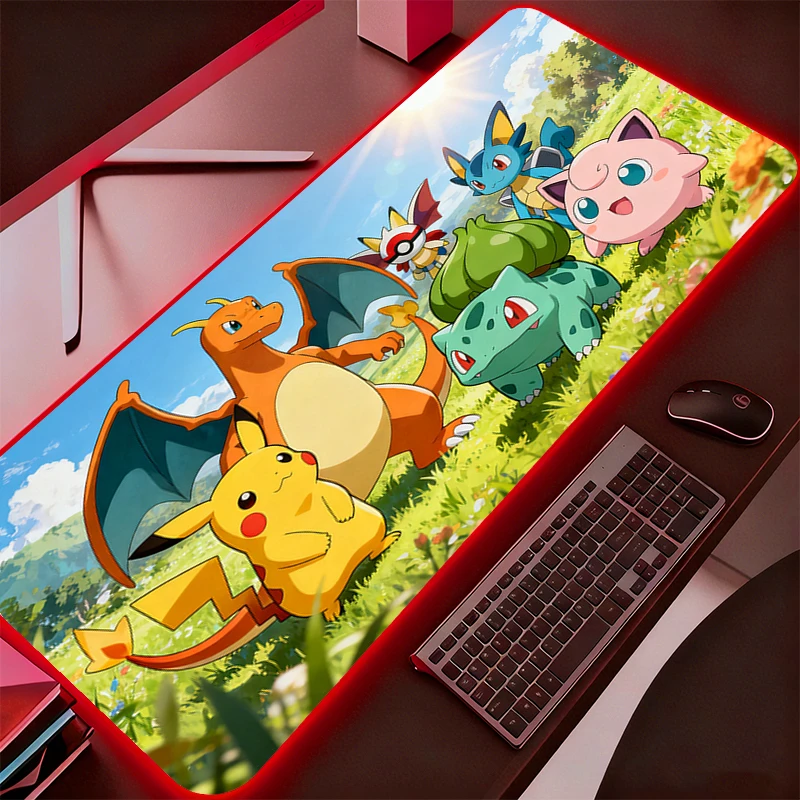 

Коврик для мыши RGB Gamer Pokemon Pikachu с подсветкой, прочный игровой коврик XXL, большой коврик для клавиатуры, светодиодный игровой настольный коврик