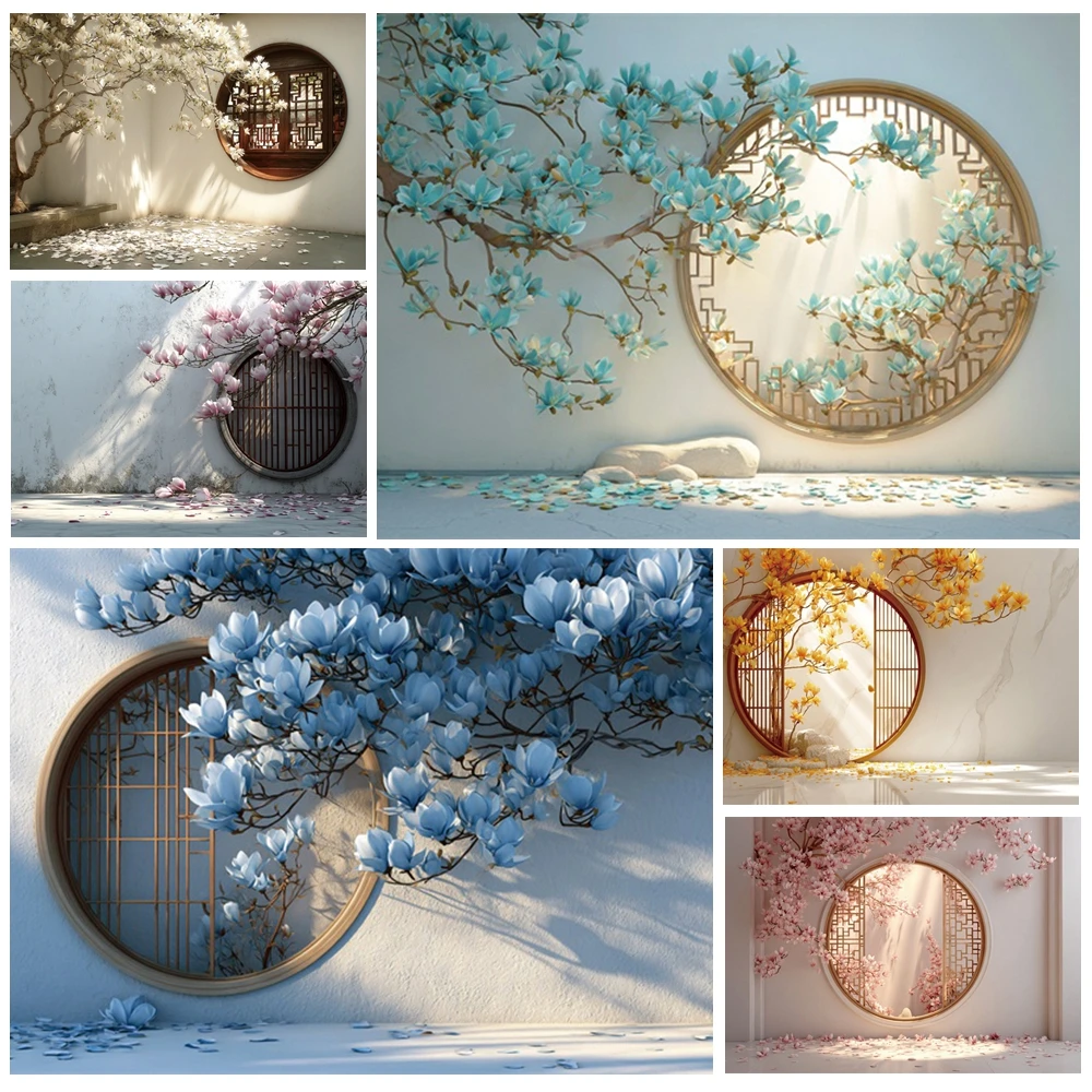 

MOON.QG Oriental Courtyard Photo Background Window Blossom Petal Backdrop Photocall Poster Photography Accessories Photozone