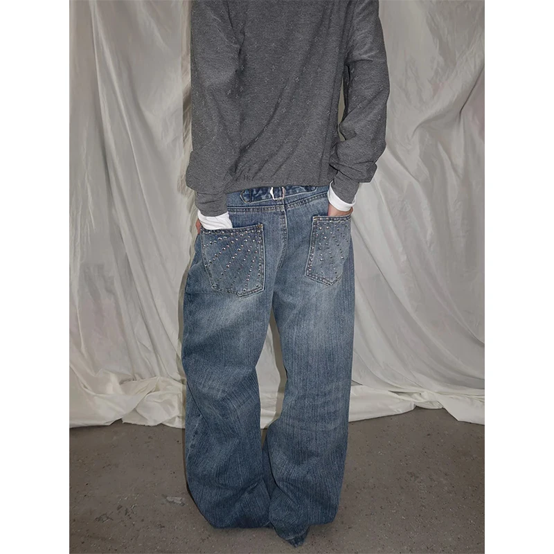 2026 Ropa Y2K Fashion Hot Fix Rhinestone Washed Blue Baggy Stacked Women's Jeans Pants For Woman Clothes Wide Leg Denim Trousers