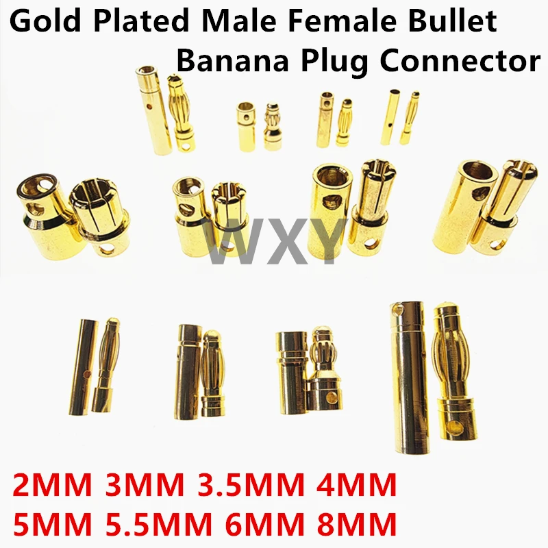 

5/10Pairs 2MM 3MM 3.5MM 4MM 5mm 5.5mm 6mm 8mm Gold Plated Male Female Bullet Banana Plug Connector For ESC Battery Motor