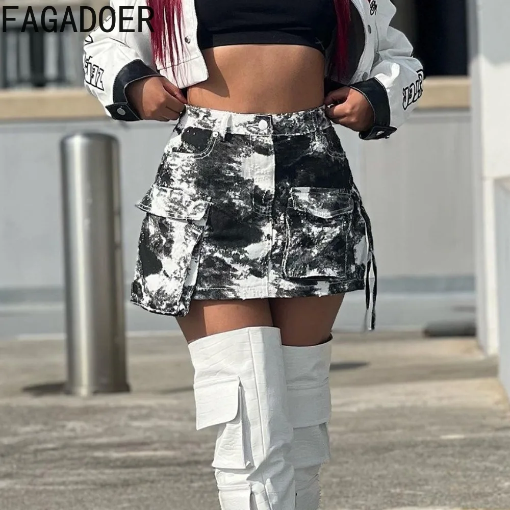 FAGADOER Fashion Streetwear Women Tie Dye Printing Pocket Cargo Mini Skirts Summer New Female High Waisted Button Slim Bottoms