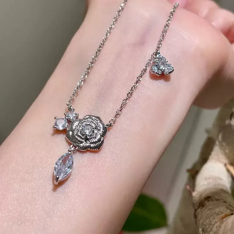 الرجعية الإناث قلادة 925 فضة مزدوجة نحى روز زهرة قلادة قلادة للنساء كاميليا سلسلة Collares مجوهرات