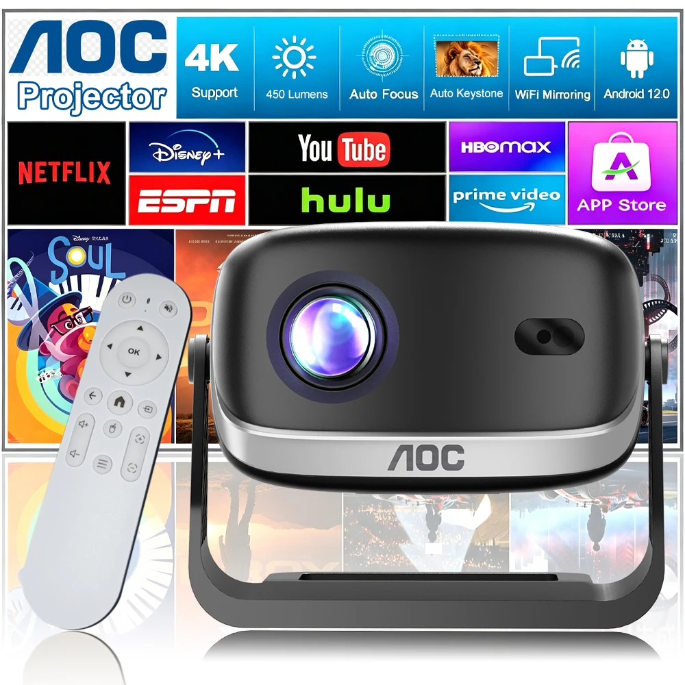

AOC Portable HD Smart Projector Auto Focus Full HD 1080P High Brightness WiFi 6 Bluetooth Mirroring Home Cinema Gaming Projector