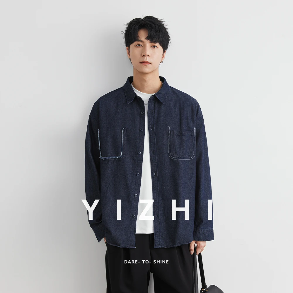 2025 Autumn New Lapel Long Sleeve Blue Denim Shirt Fashion Loose Tops Jacket Solid Color Casual All-match Jacket Male Clothing