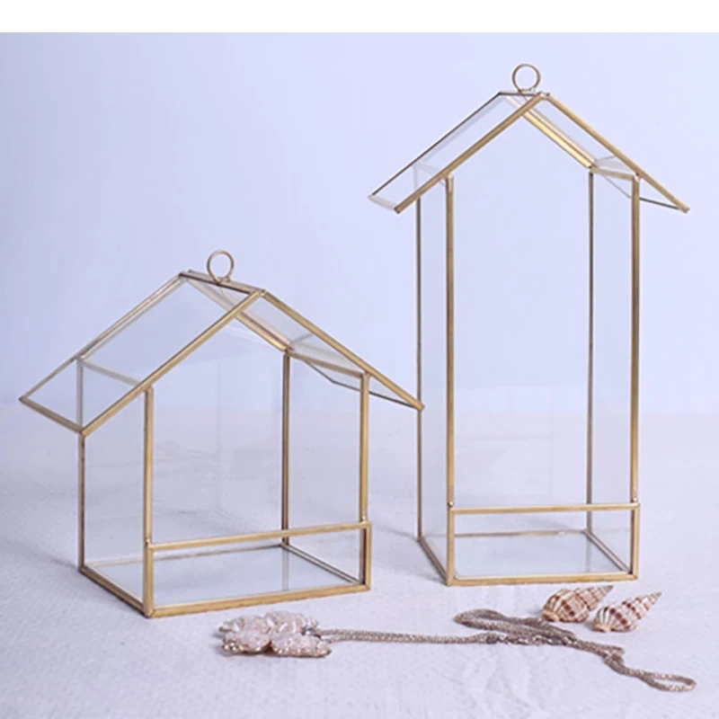 House Shape Glass Cosmetic Jewelry Storage Box Metal Frame Pencil Holder Home Desktop Sundries Container Snack Candy