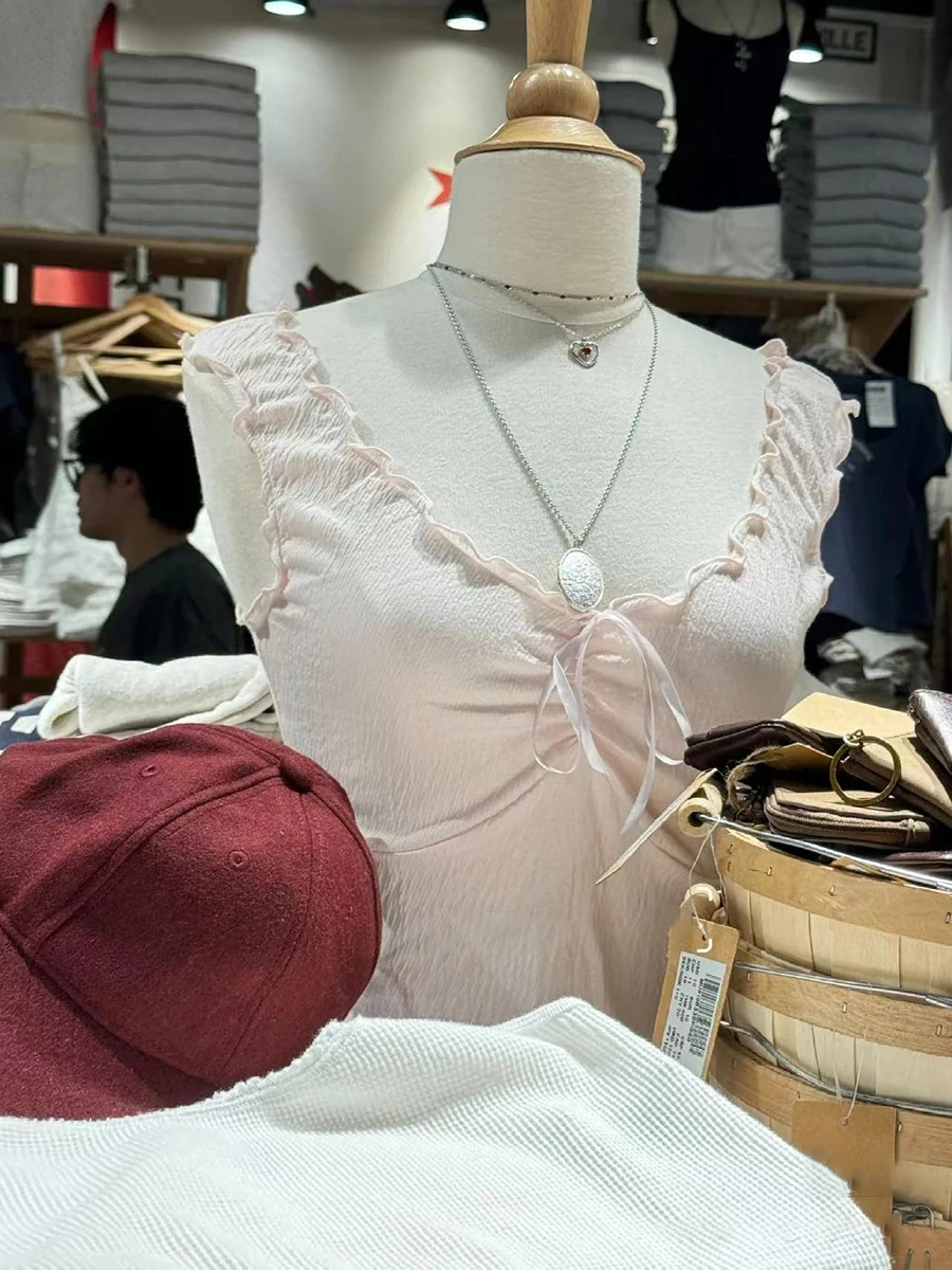 Camisetas sin mangas ajustadas con lazo rosa para mujer, Tops sexys de algodón con cuello en V, camisola sin mangas informal dulce, Top corto liso, chalecos Y2k