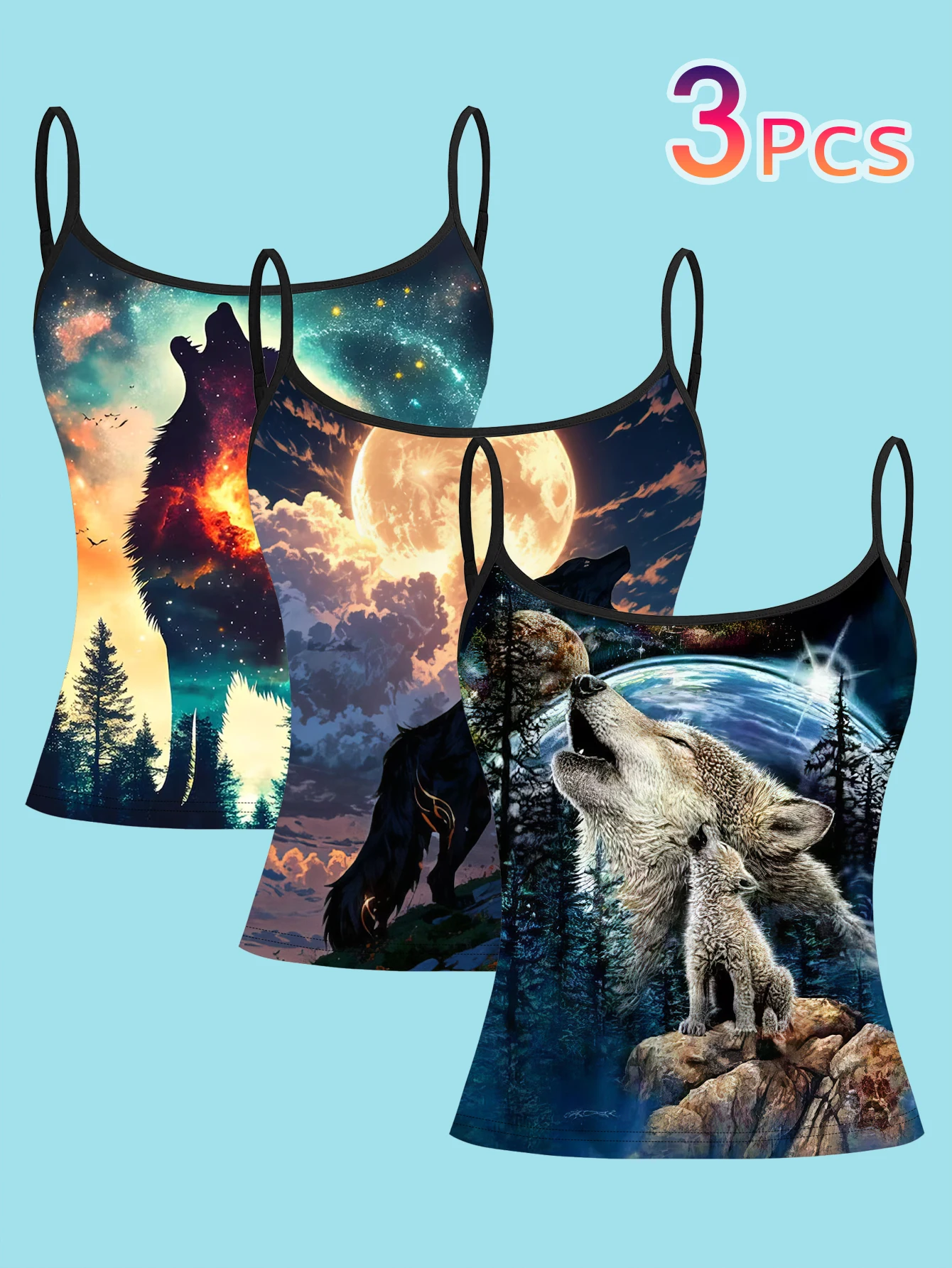 3-Piece Set of Starry Night Wolf Totem Print Camisole Tops for Women, Cosmic Wilderness Lone Wolf Slim-Fit Sleeveless Stylish Hot Girl Inner Wear Tops