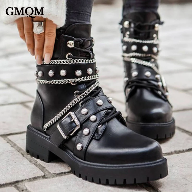 GMQM New 2023 Fashion Women\'s Ankle Boots Platform Round Toe Rivets Pearl Thick Sole Shoes Motorcycle Boots Punk Gothic Style