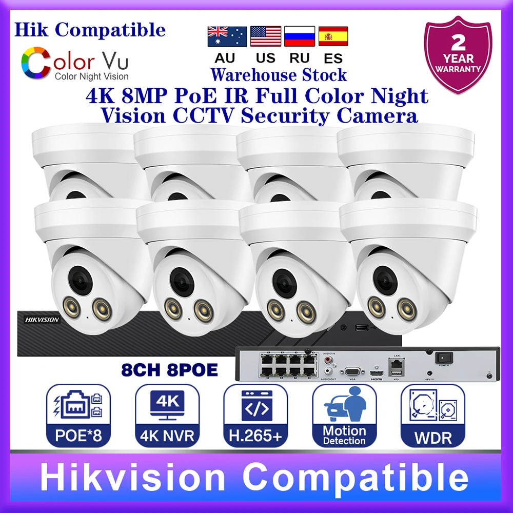 

8PCS Hikvision Compatible 4K 8MP PoE IR Full Color Night IP Camera DS-7608NI-Q1/8P 8POE 8CH NVR Plug&Play Kits